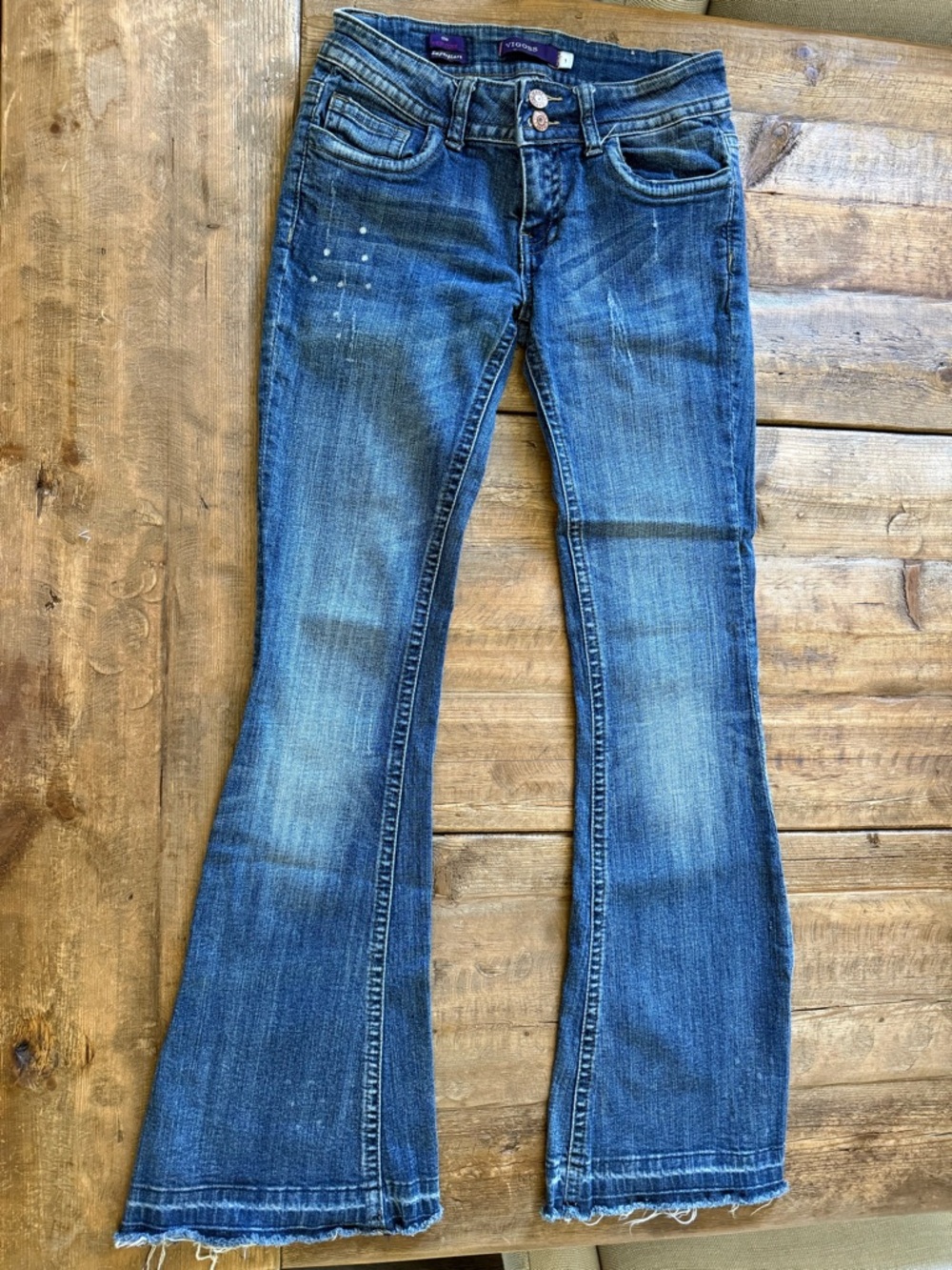 Vigoss Blue Denim Flare Jeans with Subtle Distressing 27 inch waist